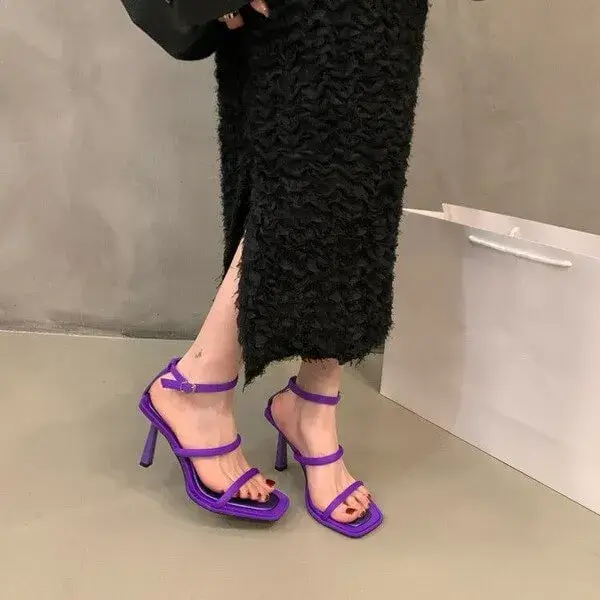 Gadgetorist Women Fashion Sexy Simple Strap Square Toe Heeled Sandals