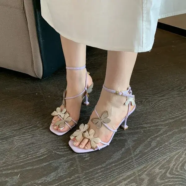 Gadgetorist Summer Women Fashion Sexy Butterfly Square Toe Heeled Sandals