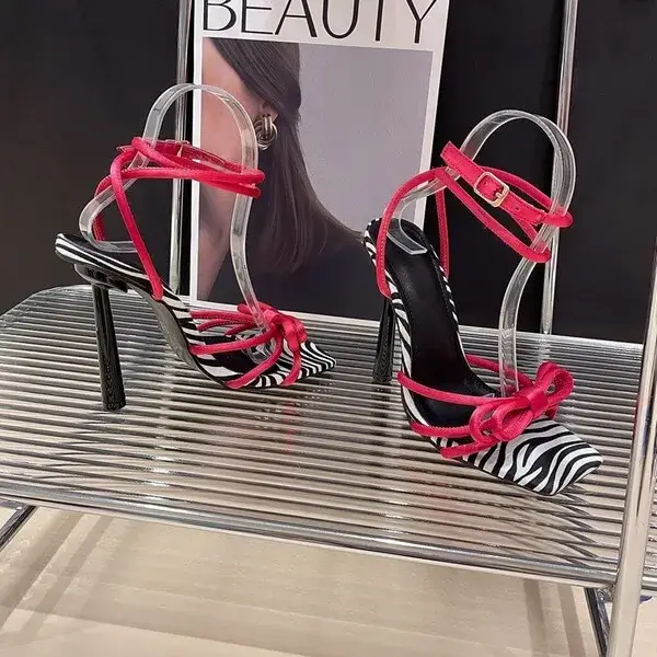 Gadgetorist Women Fashion Casual Lace-Up Bow Color Blocking Stiletto Heel Sandals