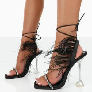 Gadgetorist Women Fashion Sexy Rhinestone Feather Decorative Solid Color High Heel Sandals Shoes