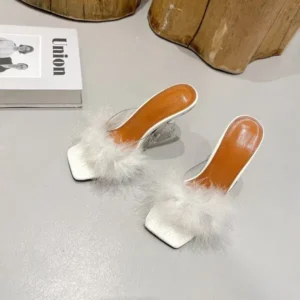 Gadgetorist Women Fashion Sexy Feather Decoration Solid Color Chunky High Heel Slippers Shoes