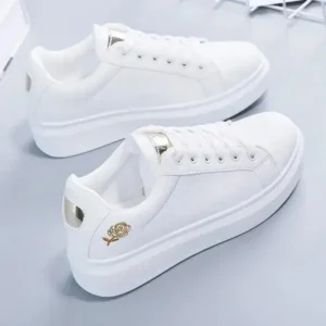 Gadgetorist Women Casual Fashion Rose Embroidery Thick-Soled Comfortable PU Leather White Sneakers