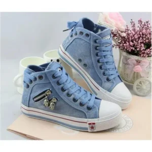 Gadgetorist Women Casual Spring Zipper Decor Lace-Up High Top Denim Canvas Sneakers