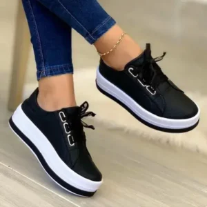 Gadgetorist Women Casual Round Toe Lace-Up Block Color Platform Shoes PU Sneakers