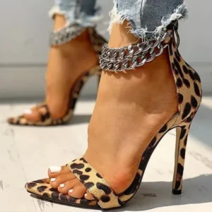 Gadgetorist Women Sexy Metal Chain Buckle Ankle Strap Animal Printed High Heels