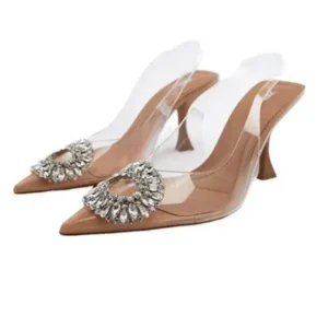 Gadgetorist Summer Women Fashion Plus Size Pointed Toe Rhinestone Transparent Heeled Sandals