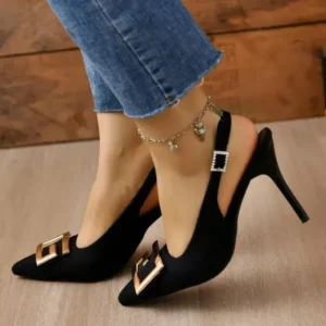 Gadgetorist Summer Women Fashion Casual Plus Size Solid Color Pointed Toe Metal Buckle Sling Back High Heel Sandals