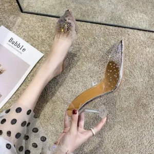 Gadgetorist Women Fashion Sexy Rhinestone Decorative Pointed Toe Transparent High Heel Sandals