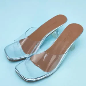 Gadgetorist Women Fashion Casual Square Toe Transparent Design Mid Heel Slippers