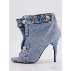 Gadgetorist Women Fashion High Heel Denim Button High Top Boots