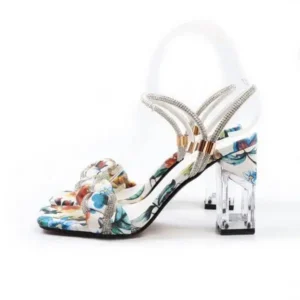 Gadgetorist Women Fashion Sexy PU Rhinestone Floral Printed Square Toe Chunky Heel ?Sandals