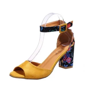 Gadgetorist Women Fashion Sexy PU Floral Printed Peep Toe Chunky Heel Ankle Strap Buckle Sandals