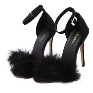 Gadgetorist Women Fashion Sexy PU Solid Color Feather Peep Toe Stiletto Heel Ankle Strap Buckle Sandals