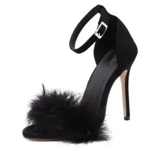 Gadgetorist Women Fashion Sexy Solid Color Feather Peep Toe Stiletto Heel Ankle Strap Buckle Sandals