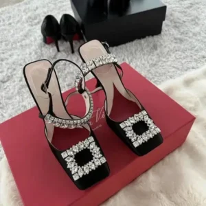 Gadgetorist Women Fashion Elegant PU Square Toe Rhinestone Stiletto Heel Ankle Strap Buckle Sandals