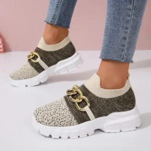 Gadgetorist Women Fashion Color Block Metal Chain Thick-Soled Breathable Fly-Woven Sneakers