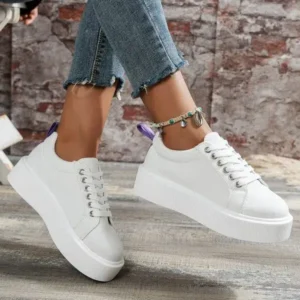 Gadgetorist Women Fashion Solid Color Round-Toe Lace-Up Thick-Soled Sneakers