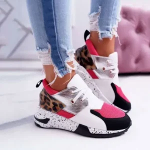 Gadgetorist Women Casual Leopard Printed Patchwork Lace Up Sneakers