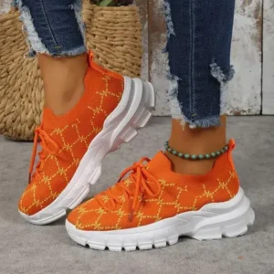 Gadgetorist Women Fashion Plus Size Casual Flying Woven Lace-Up Round Toe Sneakers