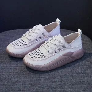 Gadgetorist Women Fashion Casual Solid Color PU Lace-Up Hollow Breathable Sneakers