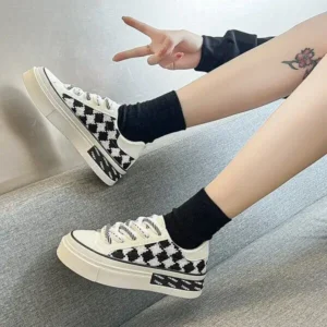 Gadgetorist Women Fashion Platform Checkerboard Canvas Sneakers